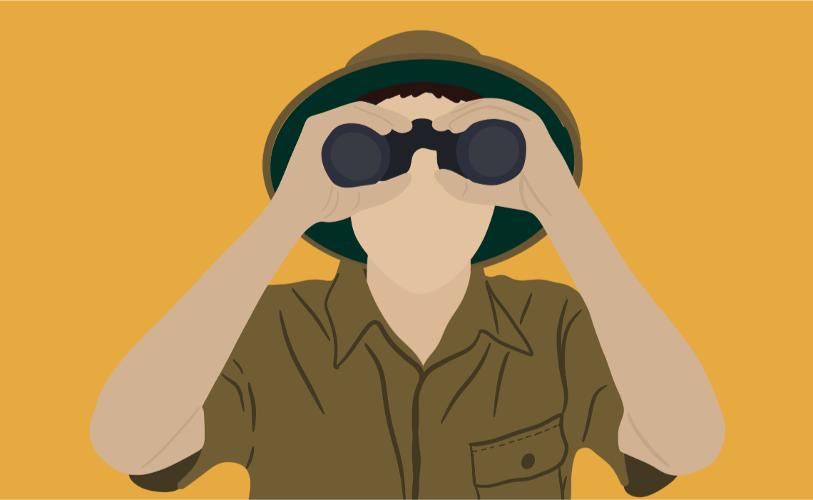 Illustration of a man in a safari outfit holding binoculars, long term view concept.