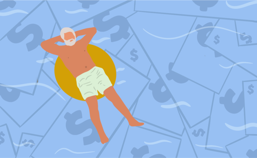 An illustration of a retired man relaxing in a pool of money, smart money concept.