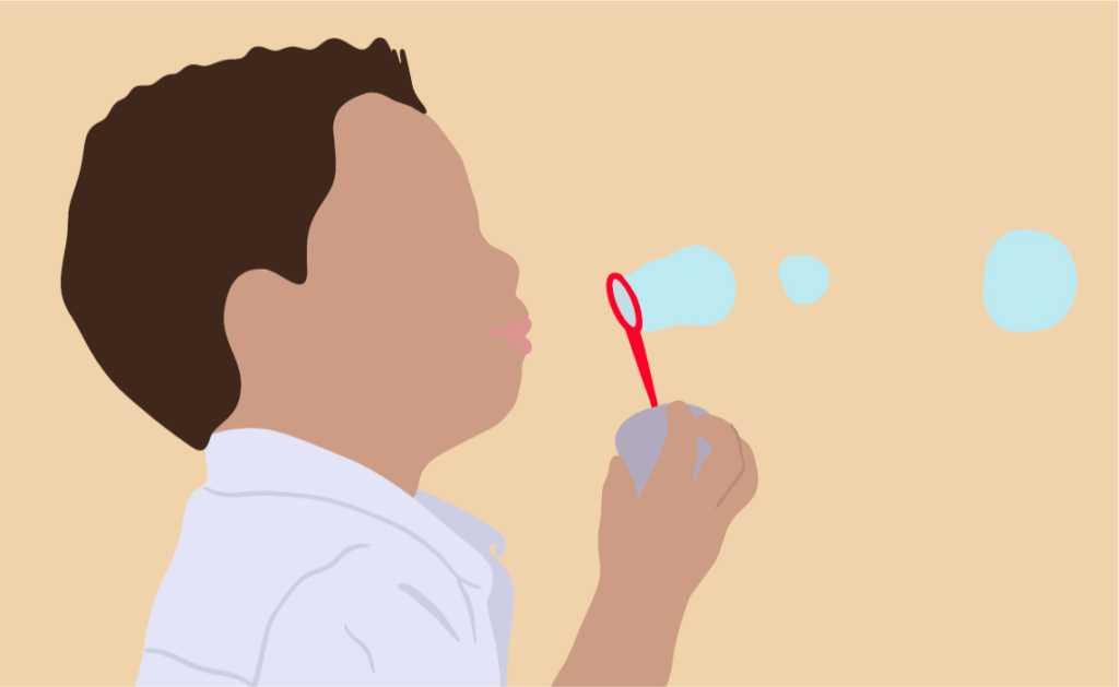 Illustration of a boy blowing bubbles, inflation concept.
