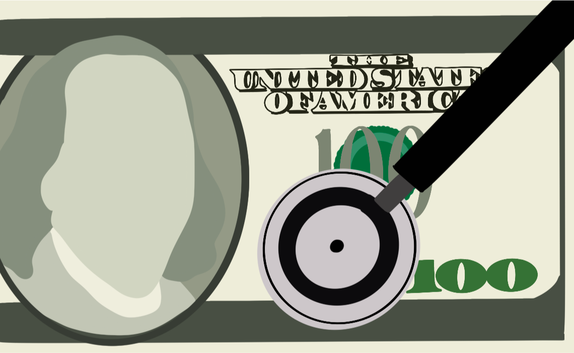 Illustration of a $100 bill with a stethoscope on top of it, health and wealth concept.