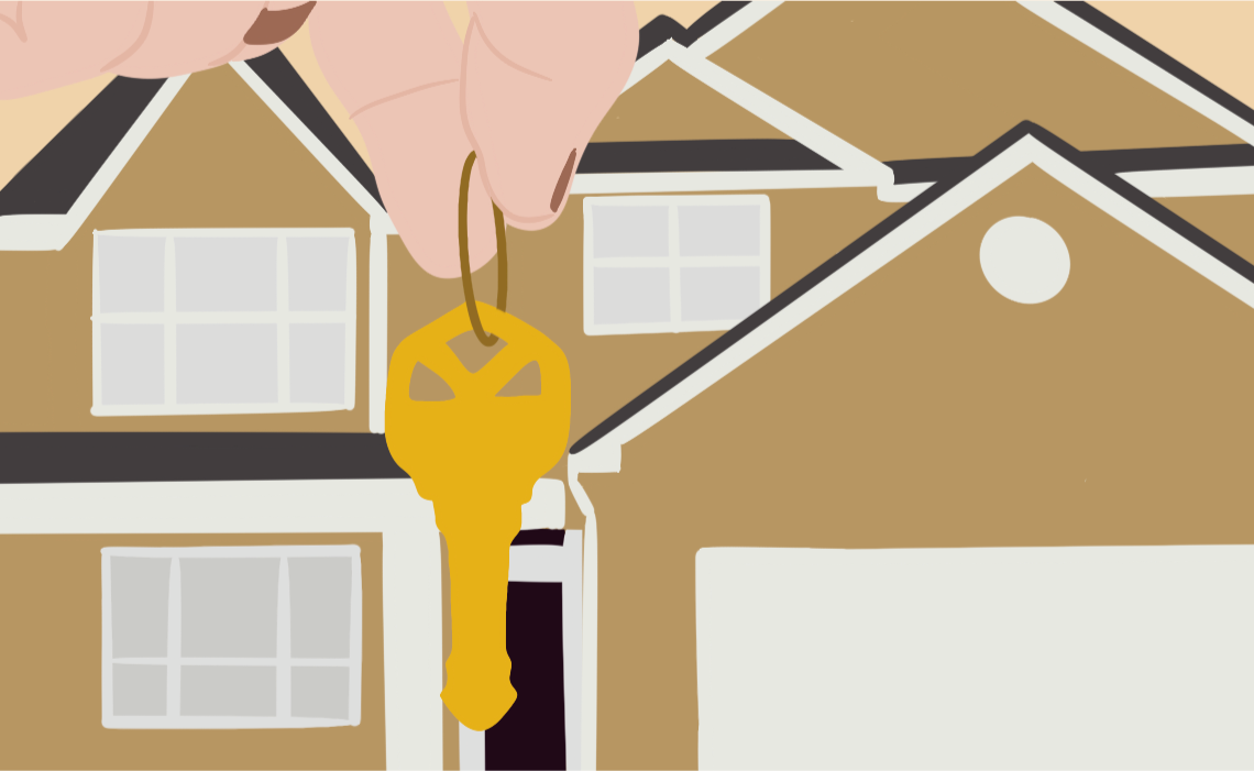 Illustration of keys held in hand in foreground with a house in the back, estate planning concept.