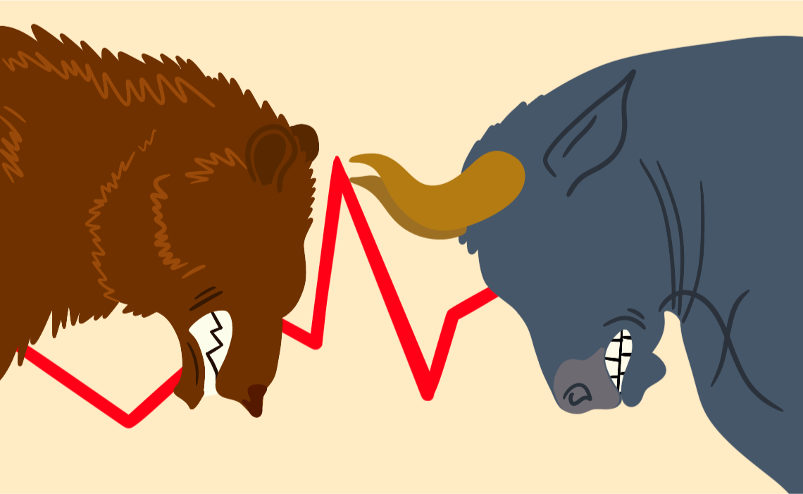 Illustration of a bear and bull fighting each other, stock market concept.