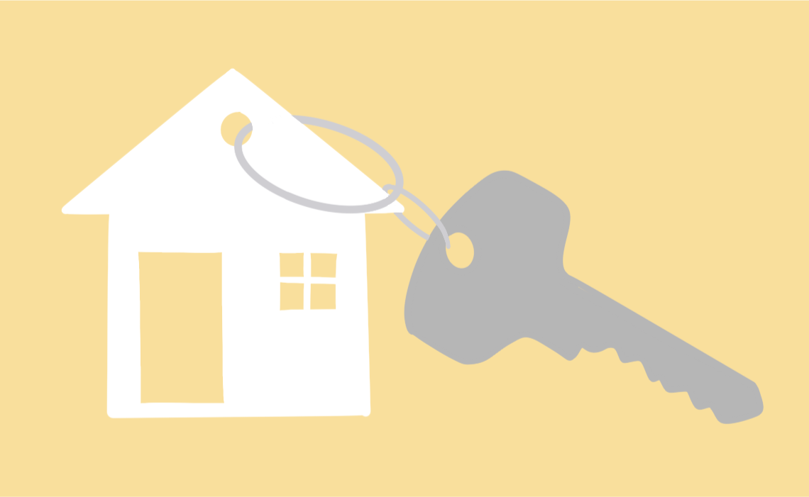 Illustration of a key attached to a house, concept of refinancing a mortgage.