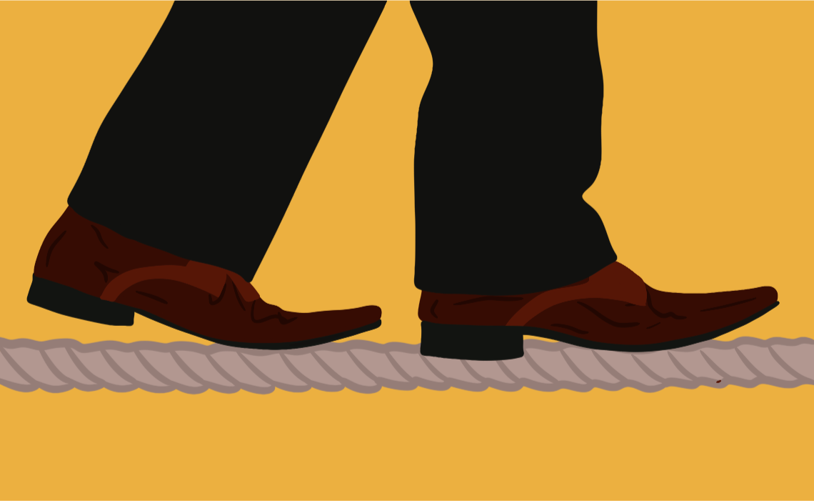 An illustration of a businessman walking on a tightrope.