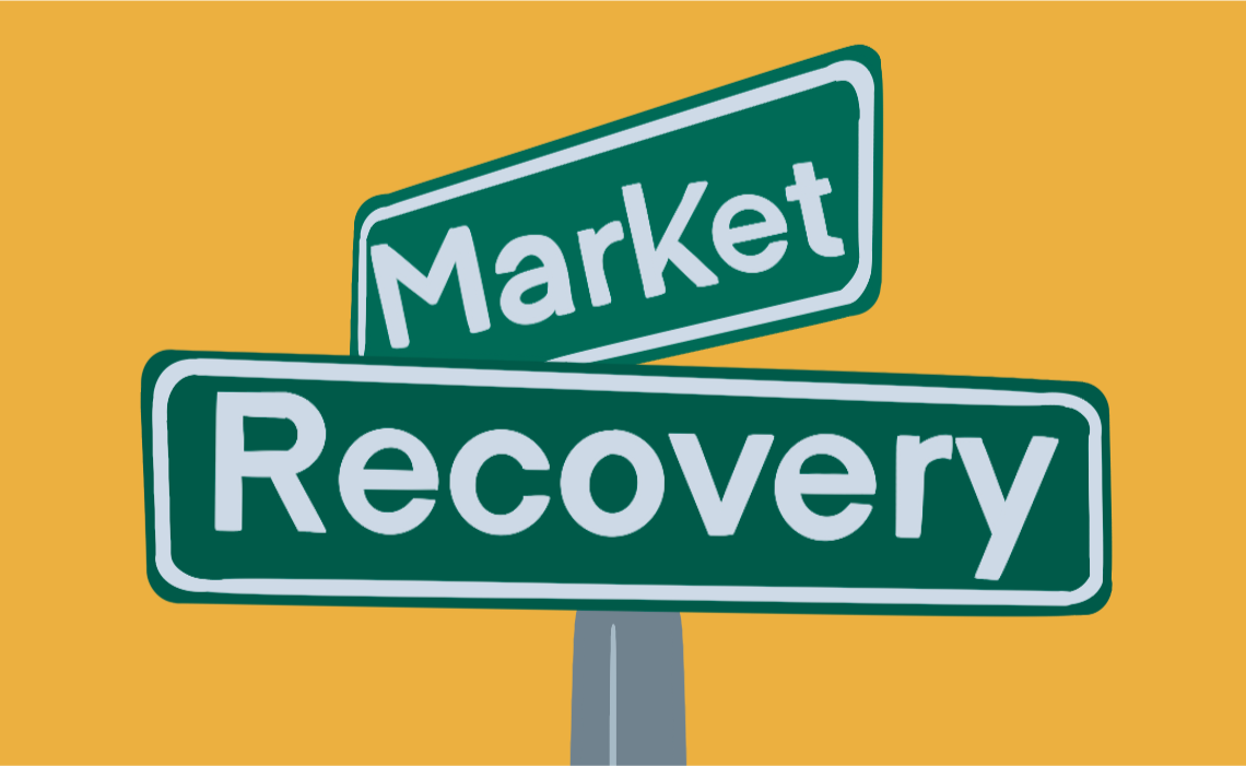 An illustration of 2 street signs pointing in different directions, one says "market" and the other says "recovery".