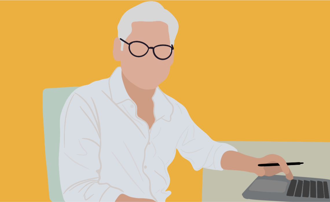 An illustration of an older man sitting at his computer desk, pen in hand.
