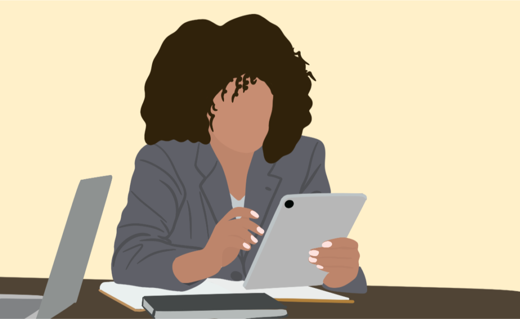 An illustration of a woman reviewing her taxes.