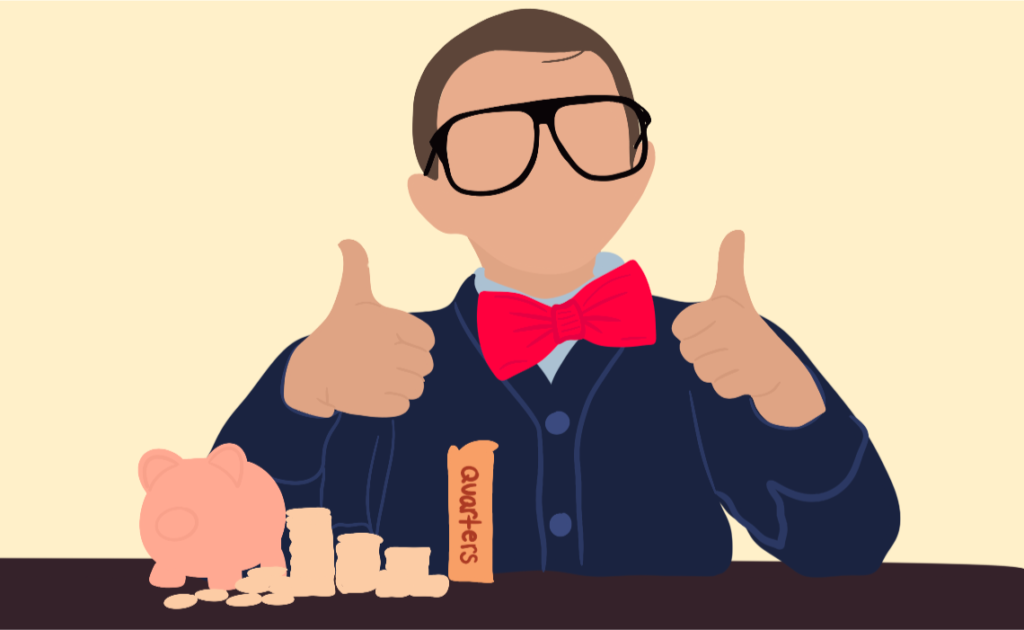 An illustration of a kid wearing a bowtie giving thumbs up. His piggy bank next to him is overflowing with coins.