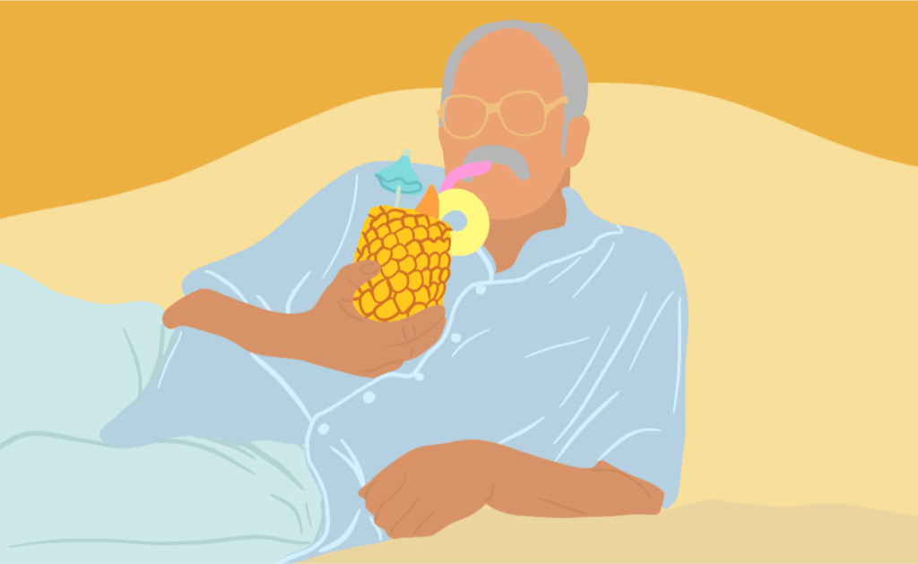 An illustration of an older man relaxing in his retirement, sipping on a pineapple cocktail.