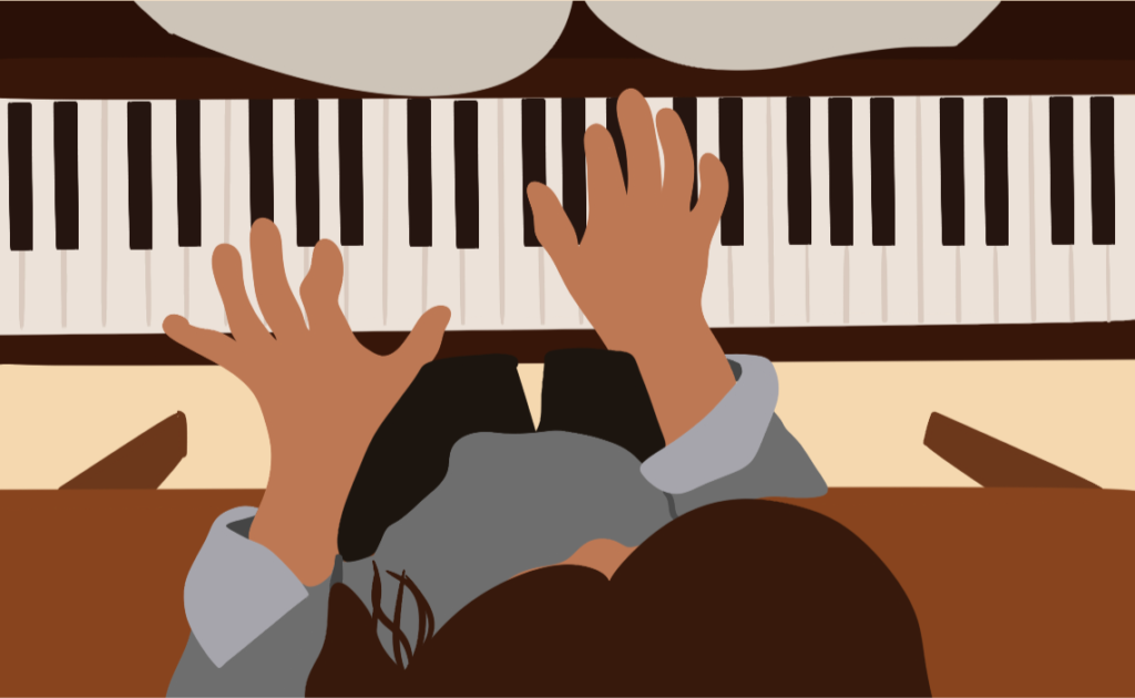 A top-down view illustration of a person playing the piano