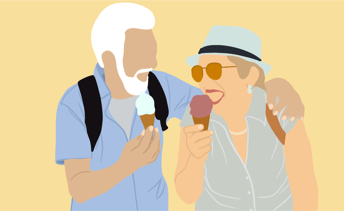 An illustration of an elderly couple eating ice cream cones together and laughing.