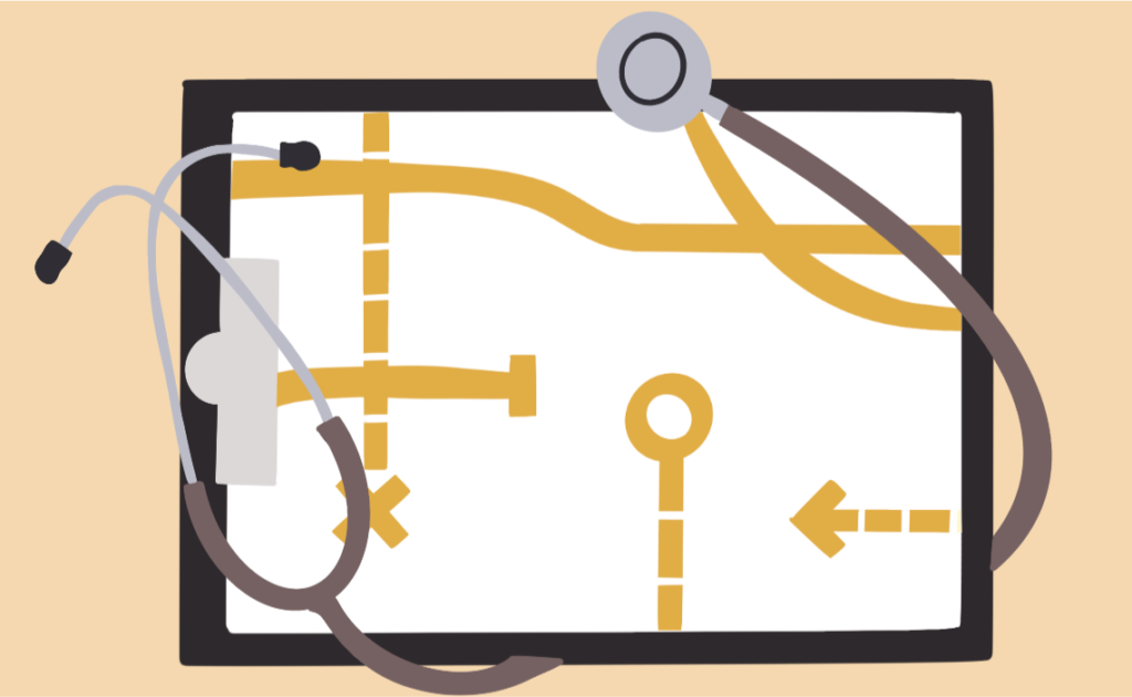 An illustration of a stethoscope wrapped around a map plan.