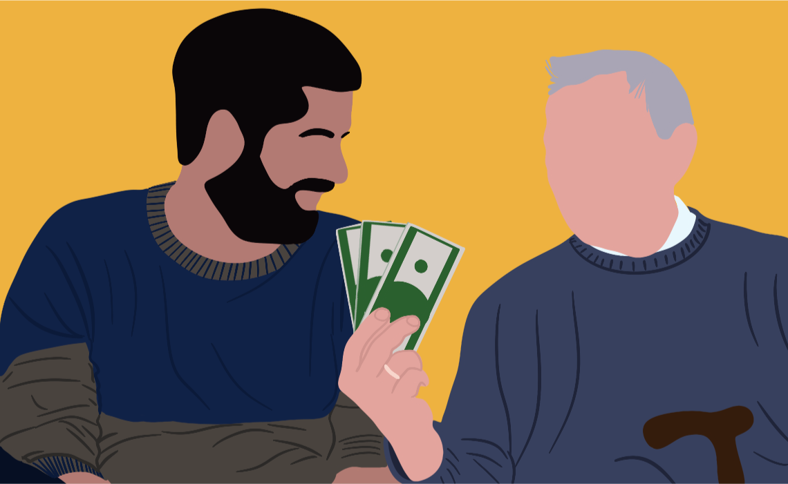 An illustration of a son inheriting money from his father.