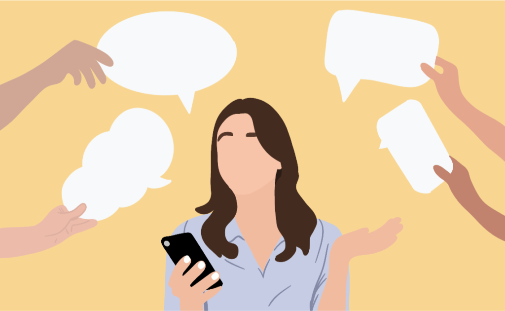A graphic illustration of a woman messaging multiple people via her smartphone.