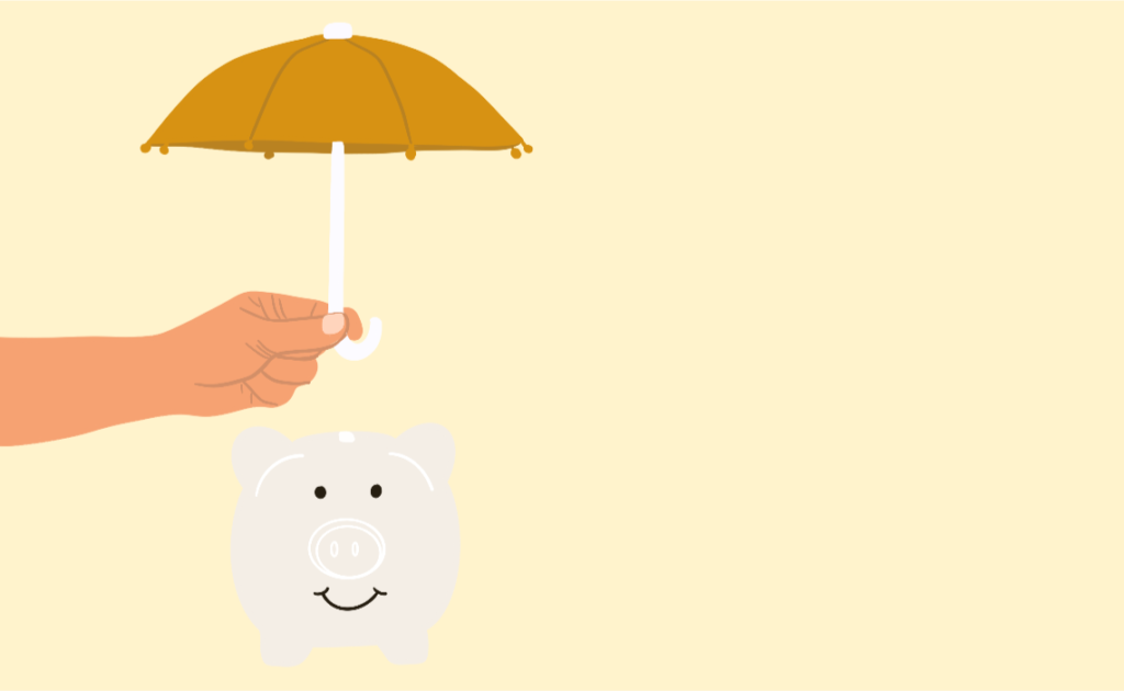 An illustration of a hand holding an umbrella over a piggy bank.