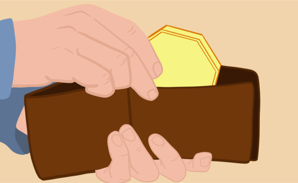 An illustration of a man pulling a crypto coin out of his wallet.